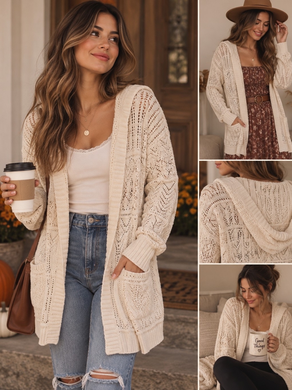 Pink Rose Open-Knit Hooded Cardigan Sweater in Cream